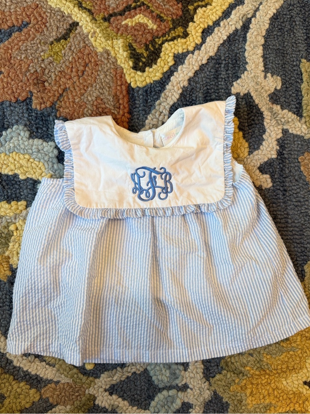 Monogrammed Blue & White Seersucker Baby Dress with Ruffle Collar "ABF" Coastal